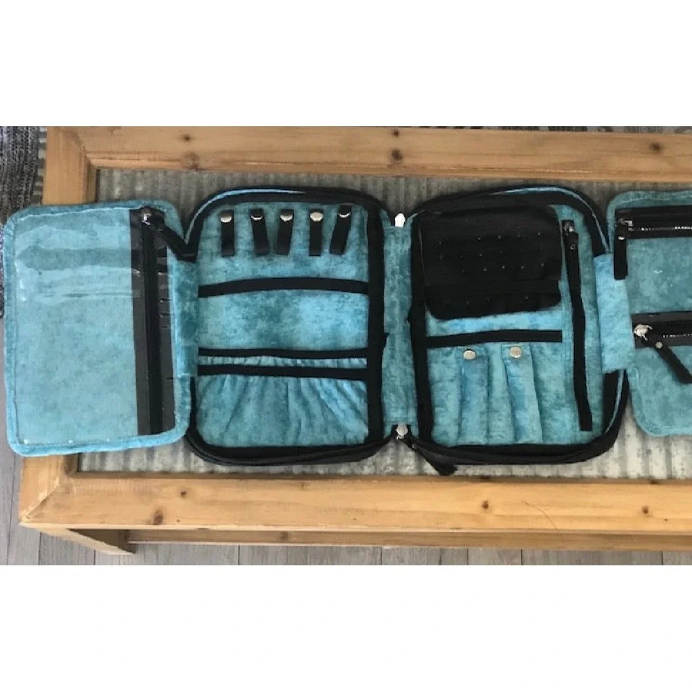 Jewelry Cowhide Travel Case‎ Organizer Black Leather Blue FeltLiner New
